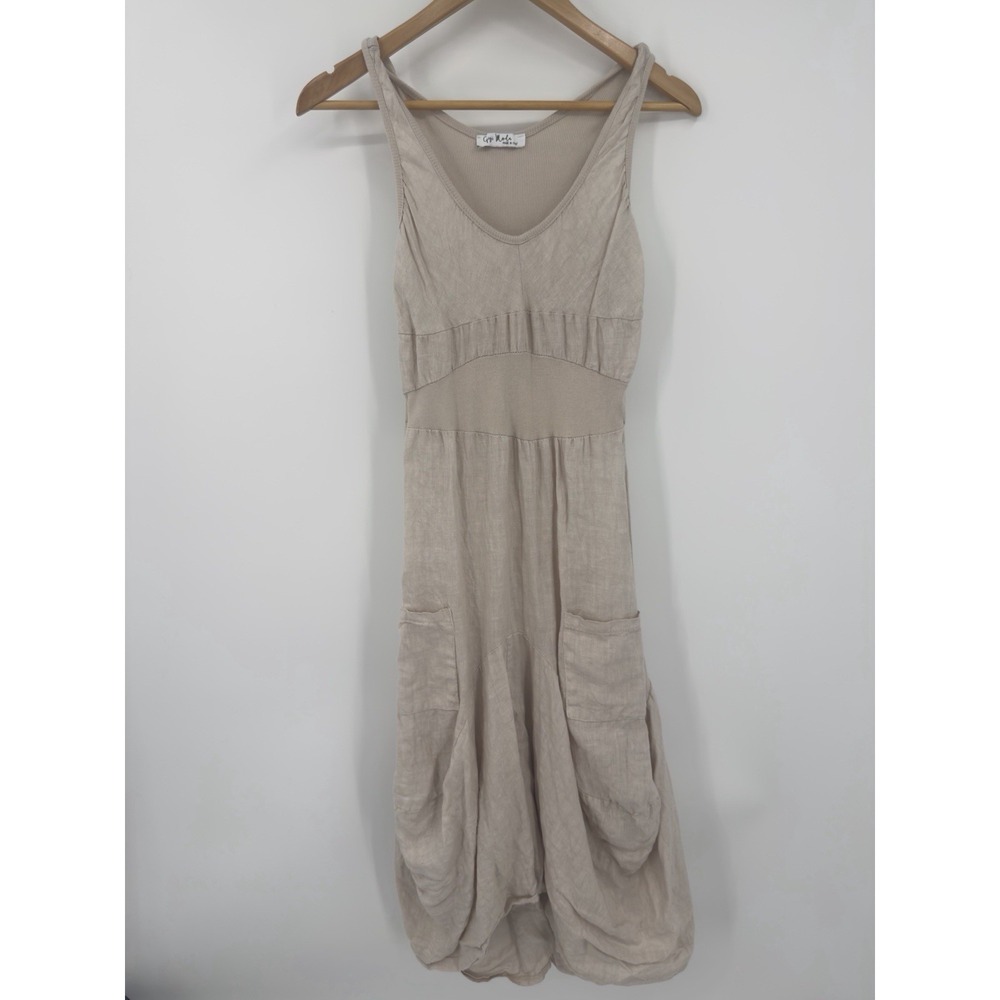 Gigi Moda Linen Rosalia Lagenlook Natural Midi Dress Pockets Sleeveless XS S - Picture 2 of 6